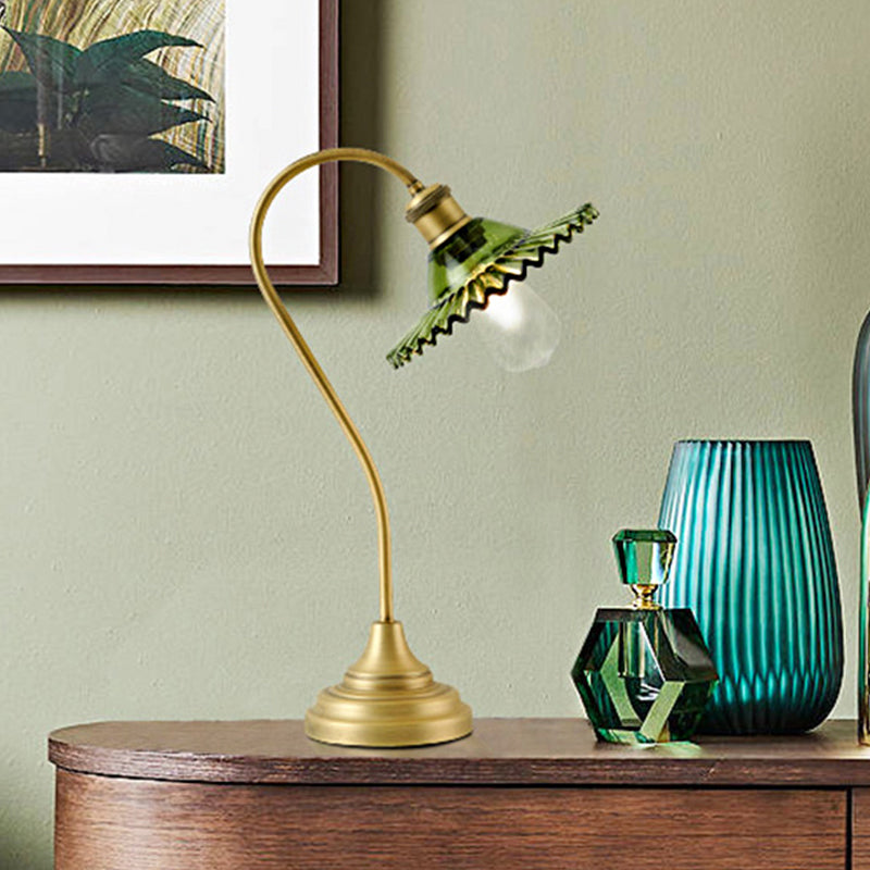 Metal Swooping Arm Table Light Rural Style 1-Light Bedroom Nightstand Lamp with Crystal Shade in Green Green Clearhalo 'Lamps' 'Table Lamps' Lighting' 1197817