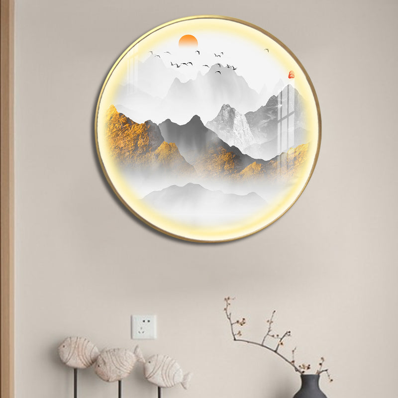Gold Round Wall Mount Light Fixture Oriental LED Metallic Wall Mural Lamp with Mountain and Sun Pattern Clearhalo 'Wall Lamps & Sconces' 'Wall Lights' Lighting' 1197850