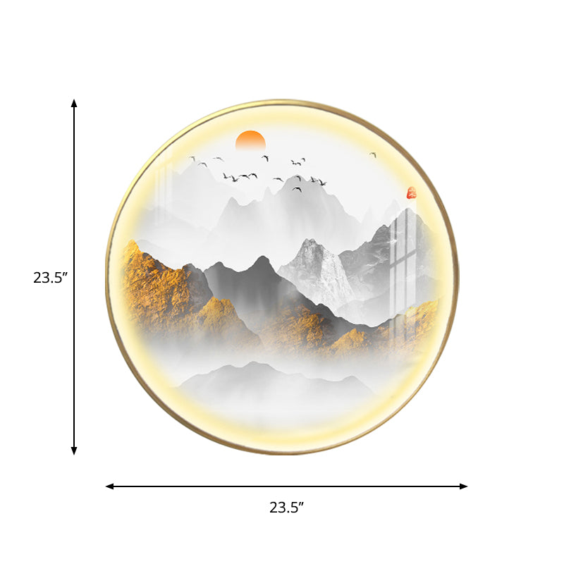 Gold Round Wall Mount Light Fixture Oriental LED Metallic Wall Mural Lamp with Mountain and Sun Pattern Clearhalo 'Wall Lamps & Sconces' 'Wall Lights' Lighting' 1197852