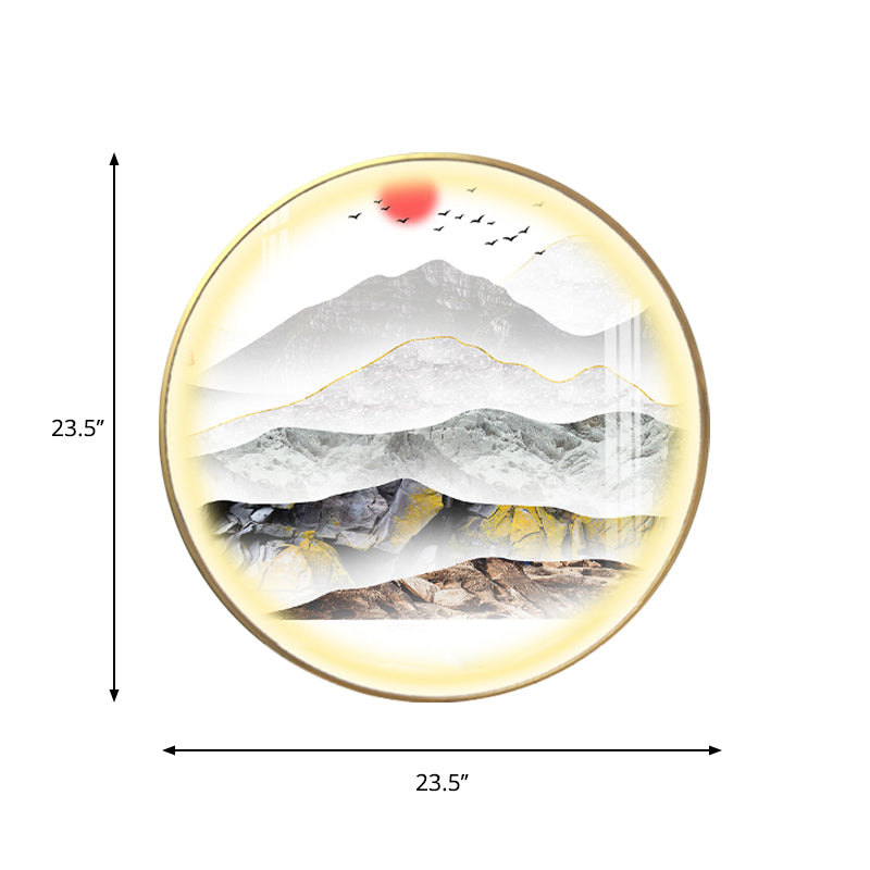Gold Round Wall Mount Light Fixture Oriental LED Metallic Wall Mural Lamp with Mountain and Sun Pattern Clearhalo 'Wall Lamps & Sconces' 'Wall Lights' Lighting' 1197857