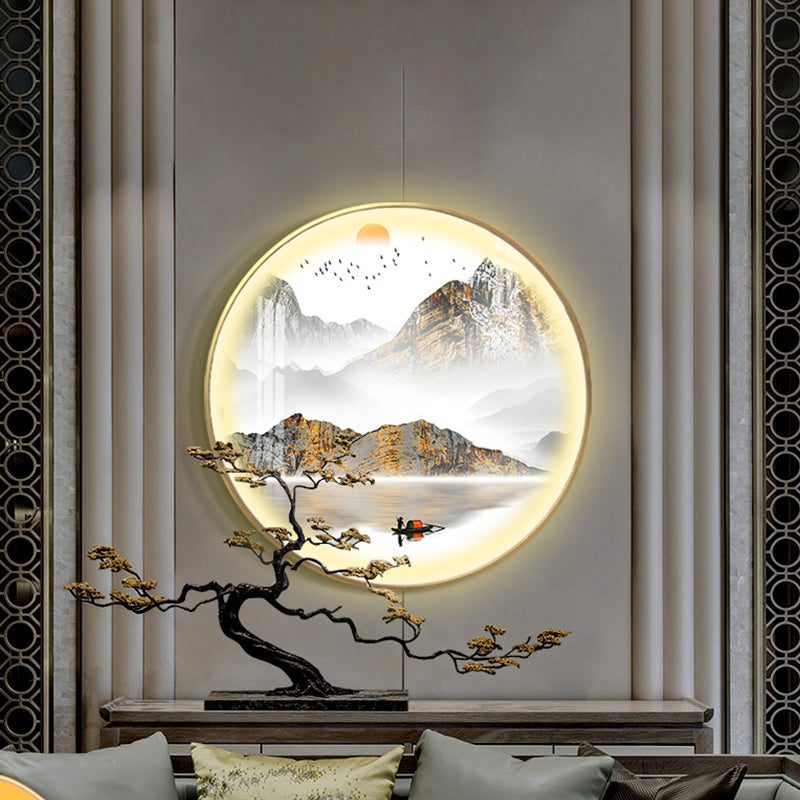 Gold Round Wall Mount Light Fixture Oriental LED Metallic Wall Mural Lamp with Mountain and Sun Pattern Gold A Clearhalo 'Wall Lamps & Sconces' 'Wall Lights' Lighting' 1197858
