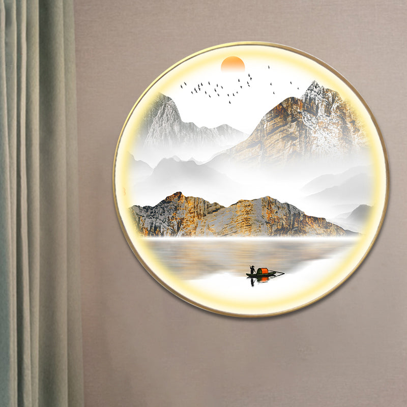 Gold Round Wall Mount Light Fixture Oriental LED Metallic Wall Mural Lamp with Mountain and Sun Pattern Clearhalo 'Wall Lamps & Sconces' 'Wall Lights' Lighting' 1197859
