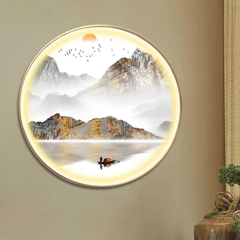 Gold Round Wall Mount Light Fixture Oriental LED Metallic Wall Mural Lamp with Mountain and Sun Pattern Clearhalo 'Wall Lamps & Sconces' 'Wall Lights' Lighting' 1197860