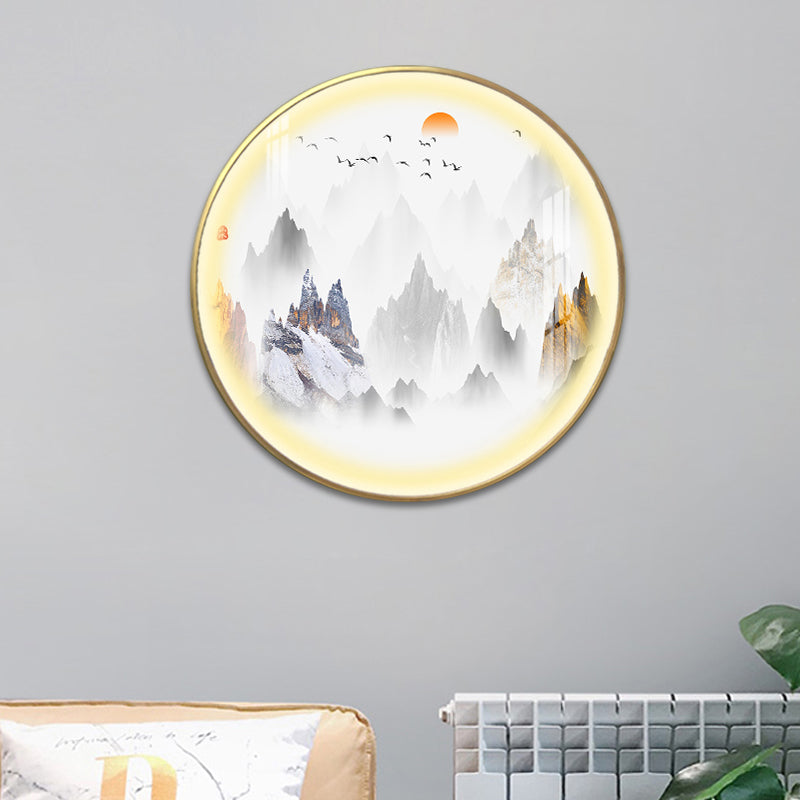 Chinese Rounded Metal Mural Light LED Wall Mounted Lighting in Gold with Mountain and Sun Pattern Clearhalo 'Wall Lamps & Sconces' 'Wall Lights' Lighting' 1197864