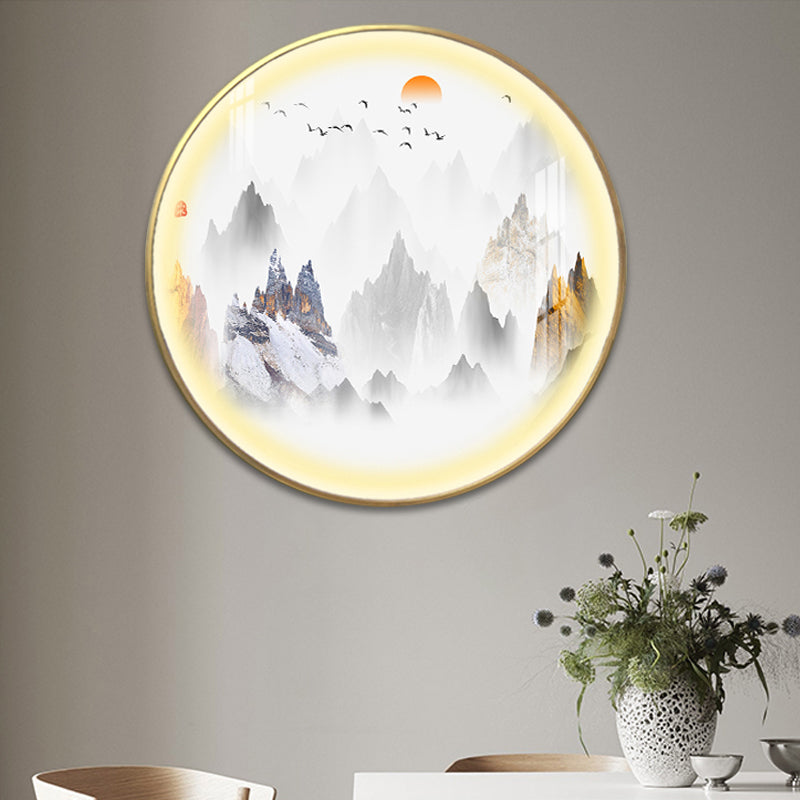 Chinese Rounded Metal Mural Light LED Wall Mounted Lighting in Gold with Mountain and Sun Pattern Clearhalo 'Wall Lamps & Sconces' 'Wall Lights' Lighting' 1197865