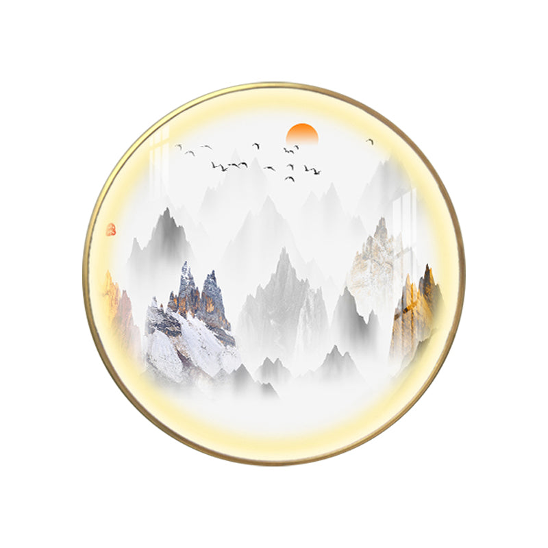 Chinese Rounded Metal Mural Light LED Wall Mounted Lighting in Gold with Mountain and Sun Pattern Clearhalo 'Wall Lamps & Sconces' 'Wall Lights' Lighting' 1197866