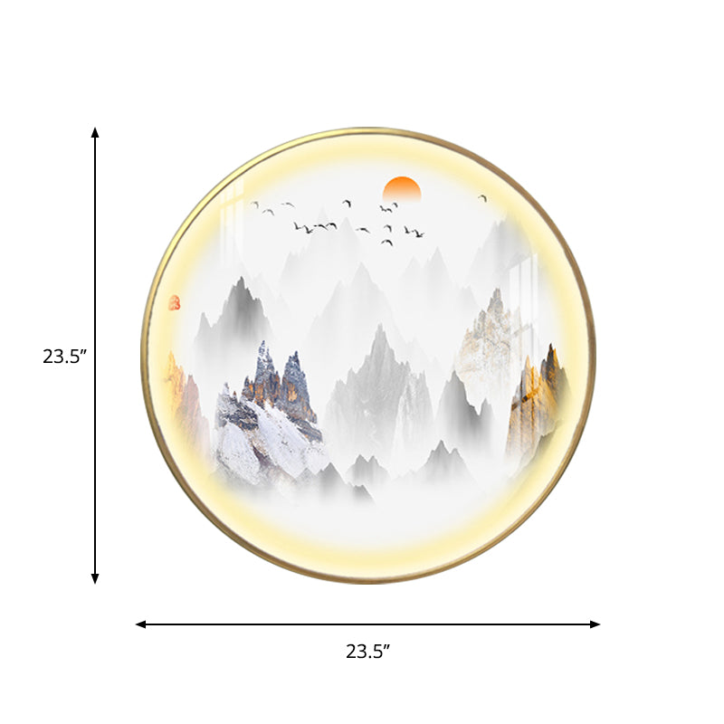 Chinese Rounded Metal Mural Light LED Wall Mounted Lighting in Gold with Mountain and Sun Pattern Clearhalo 'Wall Lamps & Sconces' 'Wall Lights' Lighting' 1197867