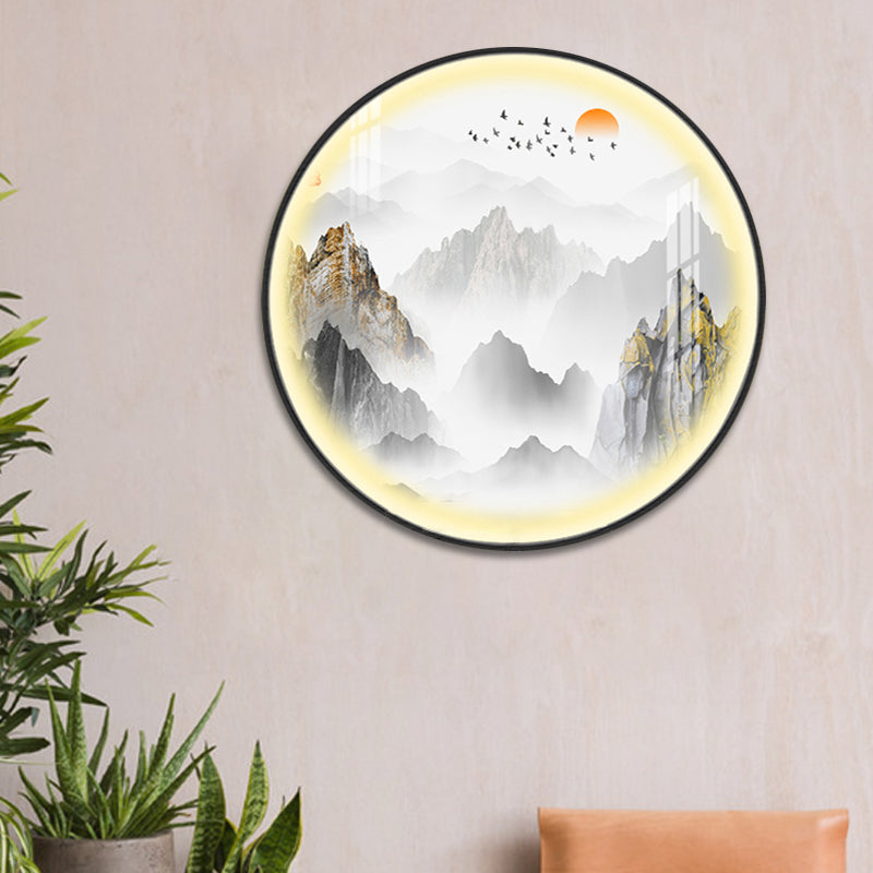 Chinese Rounded Metal Mural Light LED Wall Mounted Lighting in Gold with Mountain and Sun Pattern Clearhalo 'Wall Lamps & Sconces' 'Wall Lights' Lighting' 1197869