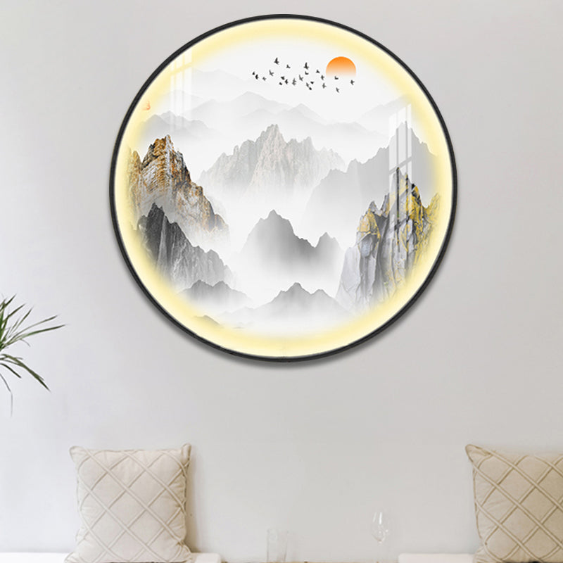 Chinese Rounded Metal Mural Light LED Wall Mounted Lighting in Gold with Mountain and Sun Pattern Clearhalo 'Wall Lamps & Sconces' 'Wall Lights' Lighting' 1197870