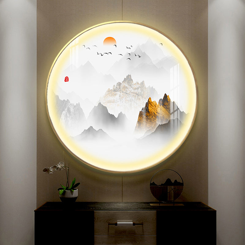 Chinese Rounded Metal Mural Light LED Wall Mounted Lighting in Gold with Mountain and Sun Pattern Gold A Clearhalo 'Wall Lamps & Sconces' 'Wall Lights' Lighting' 1197873