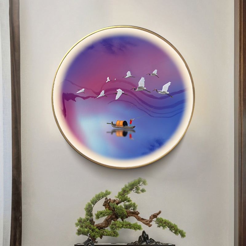 Purplish Blue Circular Wall Mural Light Asia LED Metallic Wall Lamp with Crane and Boat Pattern Purplish Blue Clearhalo 'Wall Lamps & Sconces' 'Wall Lights' Lighting' 1197892