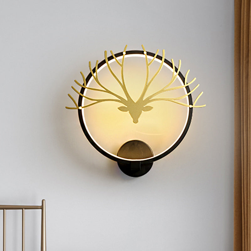 Circular Elk Deer Head Wall Lamp Nordic Style Metal LED Black/Gold Wall Mural Light for Bedside, Warm/White Light Black Clearhalo 'Wall Lamps & Sconces' 'Wall Lights' Lighting' 1198009