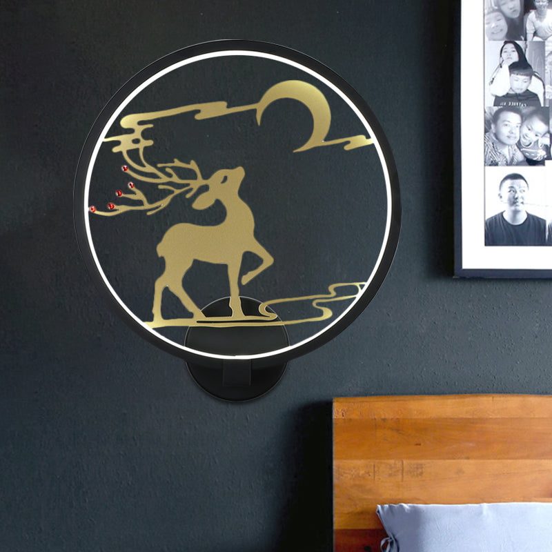 Modernism Style Round Metal Wall Lighting LED Wall Mural Light in Black/White with Elk Deer Pattern, Warm/White Light Black Clearhalo 'Wall Lamps & Sconces' 'Wall Lights' Lighting' 1198025