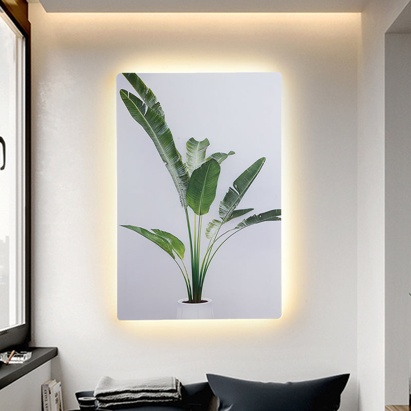 Green and White Rectangle Wall Mural Lamp Simplicity LED Acrylic Wall Lighting Idea with Leaf Pattern White-Green A Clearhalo 'Wall Lamps & Sconces' 'Wall Lights' Lighting' 1198049