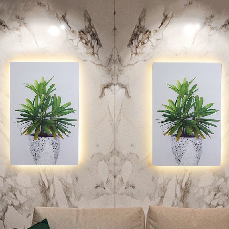 Green and White Rectangle Wall Mural Lamp Simplicity LED Acrylic Wall Lighting Idea with Leaf Pattern White-Green B Clearhalo 'Wall Lamps & Sconces' 'Wall Lights' Lighting' 1198053