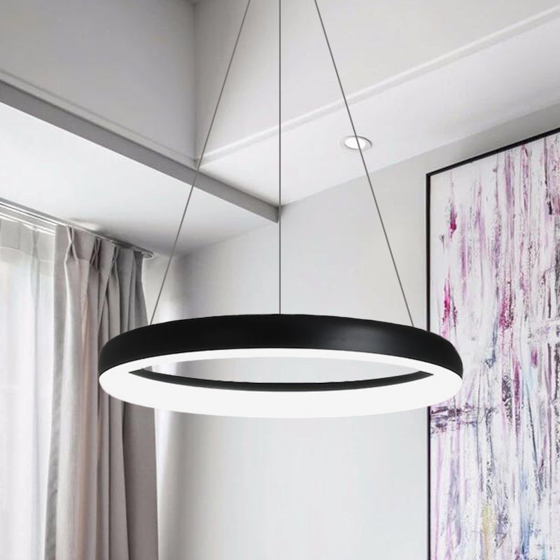 Ring Hanging Chandelier Minimalist Metal White/Black Finish LED Pendulum Light in White/Warm Light, 16"/23.5"/31.5" Dia Black Clearhalo 'Ceiling Lights' 'Chandeliers' 'Modern Chandeliers' 'Modern' Lighting' 1198104