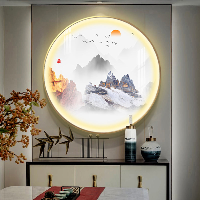 Chinese Rounded Metal Mural Light LED Wall Mounted Lighting in Gold with Mountain and Sun Pattern Gold D Clearhalo 'Wall Lamps & Sconces' 'Wall Lights' Lighting' 1199032