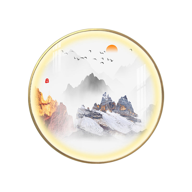 Chinese Rounded Metal Mural Light LED Wall Mounted Lighting in Gold with Mountain and Sun Pattern Clearhalo 'Wall Lamps & Sconces' 'Wall Lights' Lighting' 1199034