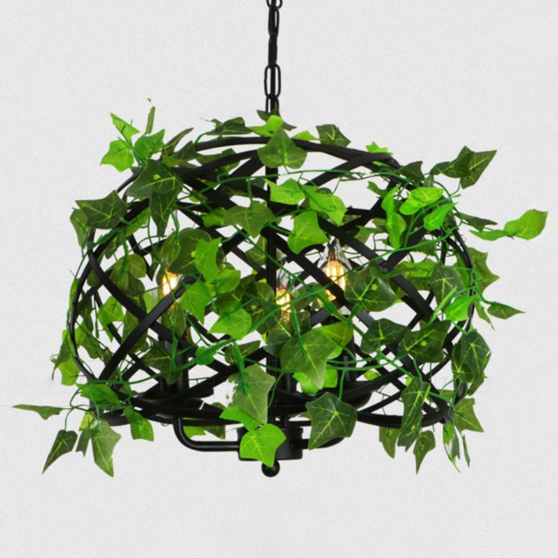 3-Light Iron Ceiling Chandelier Industrial Green Fake Plant and Cage Restaurant Pendant Lamp Green 12.5" Clearhalo 'Cast Iron' 'Ceiling Lights' 'Chandeliers' 'Industrial Chandeliers' 'Industrial' 'Metal' 'Middle Century Chandeliers' 'Rustic Chandeliers' 'Tiffany' Lighting' 12.5