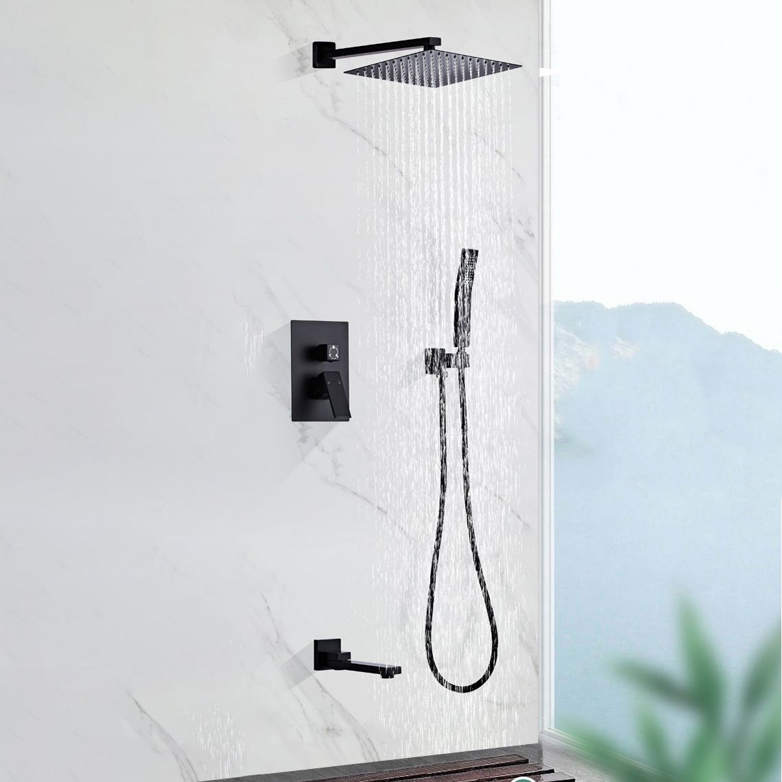 Modern Square Swivel Shower Metal Shower Head Shower Faucet On Wall in Black Clearhalo 'Bathroom Remodel & Bathroom Fixtures' 'Home Improvement' 'home_improvement' 'home_improvement_shower_faucets' 'Shower Faucets & Systems' 'shower_faucets' 'Showers & Bathtubs Plumbing' 'Showers & Bathtubs' 1200x1200_01737470-4342-456a-b333-6a82a5218235