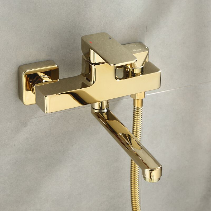Wall Mounted Gold Bathtub Faucet Swivel Spout Lever Handle with Hand Shower Clearhalo 'Bathroom Remodel & Bathroom Fixtures' 'Bathtub Faucets' 'bathtub_faucets' 'Home Improvement' 'home_improvement' 'home_improvement_bathtub_faucets' 1200x1200_023a6af7-fc54-47c7-a4b5-260f3ad0be24