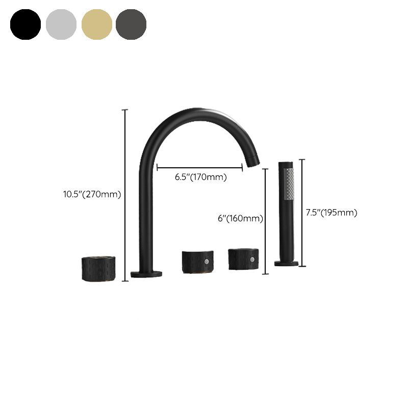 Modern Deck Mounted Metal Tub Filler Three Handles High Arch Faucet Clearhalo 'Bathroom Remodel & Bathroom Fixtures' 'Bathtub Faucets' 'bathtub_faucets' 'Home Improvement' 'home_improvement' 'home_improvement_bathtub_faucets' 1200x1200_0278d595-9c8b-4414-b7ca-6fe4ceaf0086