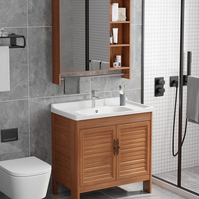Rectangle Vanity Set Metal Frame Mirror Freestanding 2 Doors Single Sink Bath Vanity Clearhalo 'Bathroom Remodel & Bathroom Fixtures' 'Bathroom Vanities' 'bathroom_vanities' 'Home Improvement' 'home_improvement' 'home_improvement_bathroom_vanities' 1200x1200_04328a9b-c143-4f08-9247-fbb5b5d6b350