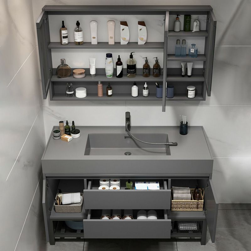 2 Drawers Bathroom Vanity Single Sink Wood Frame Mirror Soft Close Door in Grey Clearhalo 'Bathroom Remodel & Bathroom Fixtures' 'Bathroom Vanities' 'bathroom_vanities' 'Home Improvement' 'home_improvement' 'home_improvement_bathroom_vanities' 1200x1200_044499b0-f8ca-42bd-b145-b995b6bd150c