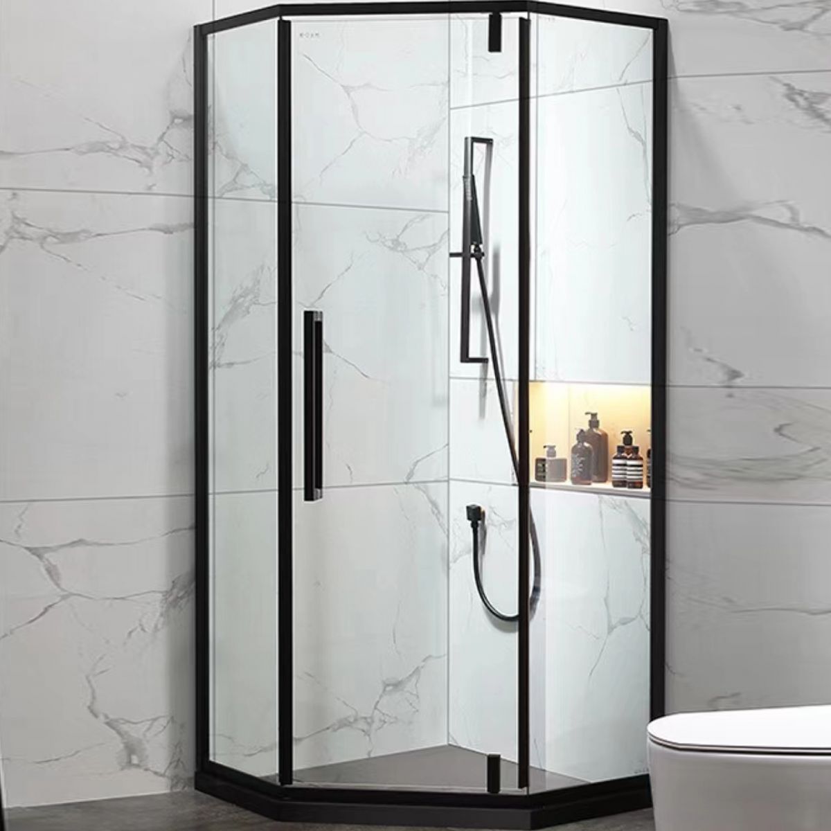 Neo-Angle Framed Shower Enclosure Black Tempered Glass Framed Shower Clearhalo 'Bathroom Remodel & Bathroom Fixtures' 'Home Improvement' 'home_improvement' 'home_improvement_shower_stalls_enclosures' 'Shower Stalls & Enclosures' 'shower_stalls_enclosures' 'Showers & Bathtubs' 1200x1200_0605174e-57f1-4075-8dce-5f54d7ac81e9