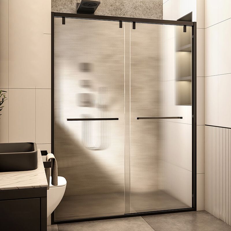 Black Stainless Steel Narrow Frame Semi Frameless Double Sliding Shower Door Clearhalo 'Bathroom Remodel & Bathroom Fixtures' 'Home Improvement' 'home_improvement' 'home_improvement_shower_tub_doors' 'Shower and Tub Doors' 'shower_tub_doors' 'Showers & Bathtubs' 1200x1200_06844bc3-fe5e-41e1-b1f2-f1fab96726d6