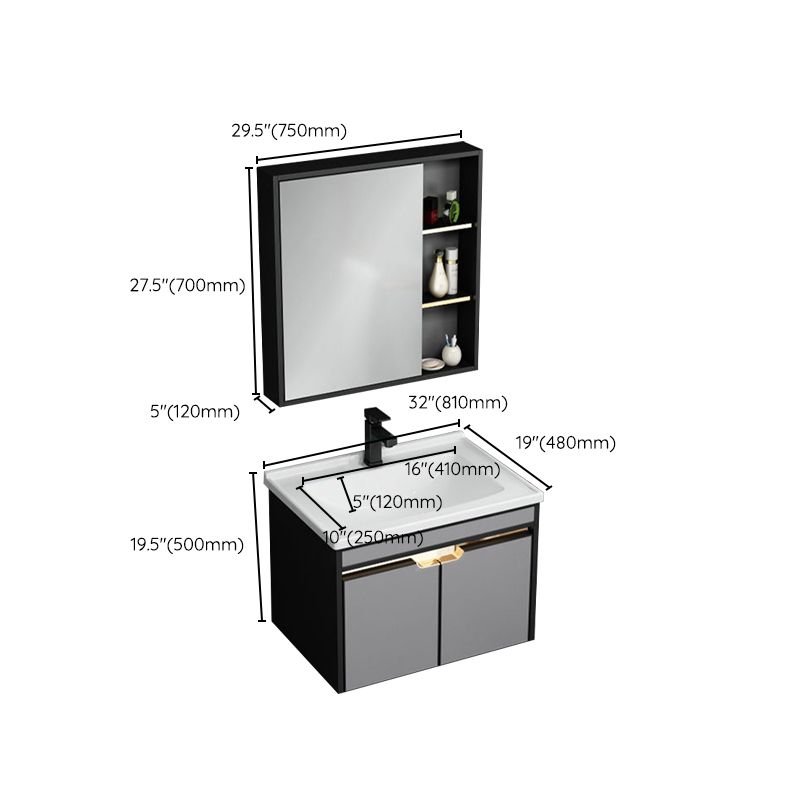 2 Doors Vanity Set Mirror Grey Wall Mount Rectangle Metal Bath Vanity with Single Sink Clearhalo 'Bathroom Remodel & Bathroom Fixtures' 'Bathroom Vanities' 'bathroom_vanities' 'Home Improvement' 'home_improvement' 'home_improvement_bathroom_vanities' 1200x1200_0707c040-dccd-43f1-9bd6-204d61e2b8fb