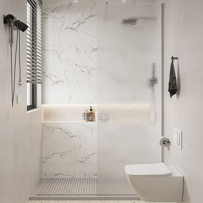 Minimalist Fixed Semi-partition Water Ripple Glass Shower Screen Clearhalo 'Bathroom Remodel & Bathroom Fixtures' 'Home Improvement' 'home_improvement' 'home_improvement_shower_tub_doors' 'Shower and Tub Doors' 'shower_tub_doors' 'Showers & Bathtubs' 1200x1200_07413e32-a03e-492c-92ee-46ecb99bb0d6