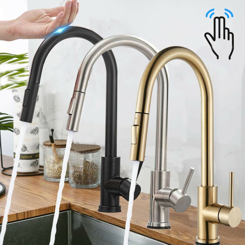 Modern Style Retractable Kitchen Faucet Stainless Steel 1-Handle Kitchen Faucet Clearhalo 'Home Improvement' 'home_improvement' 'home_improvement_kitchen_faucets' 'Kitchen Faucets' 'Kitchen Remodel & Kitchen Fixtures' 'Kitchen Sinks & Faucet Components' 'kitchen_faucets' 1200x1200_0969c03a-b653-40f2-9d0d-3a2c287abcfe