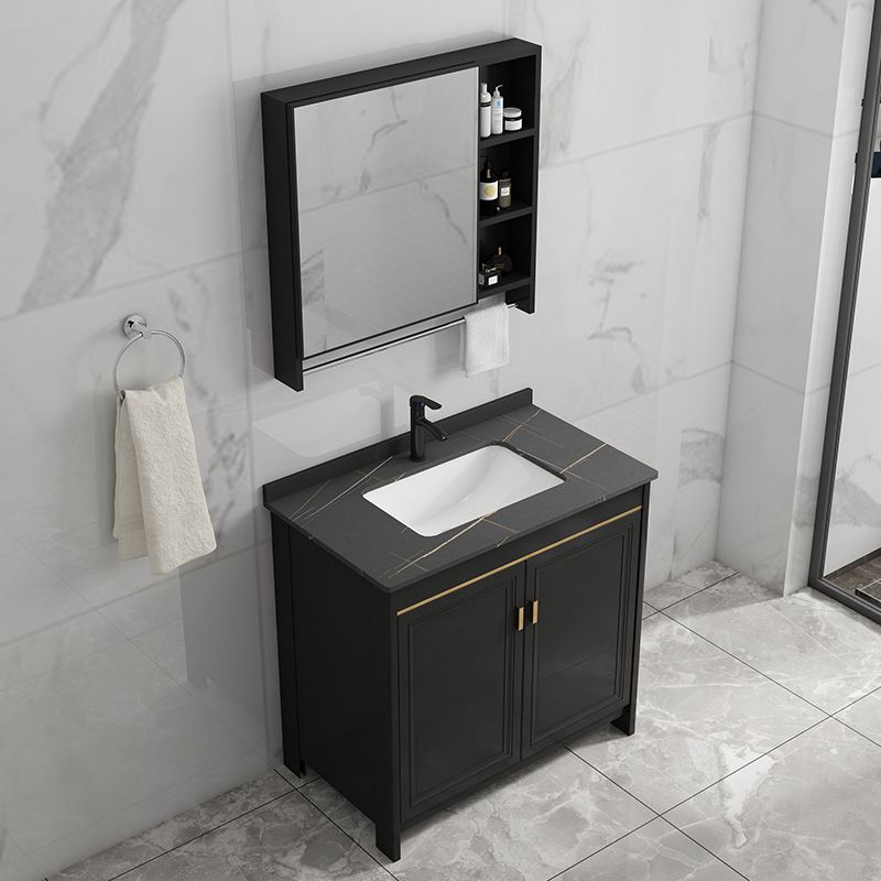 Black Bath Vanity Single Sink Metal Frame Mirror Vanity with Soft Close Door Clearhalo 'Bathroom Remodel & Bathroom Fixtures' 'Bathroom Vanities' 'bathroom_vanities' 'Home Improvement' 'home_improvement' 'home_improvement_bathroom_vanities' 1200x1200_0a2aaac9-b409-4425-ac92-16fdb110f595