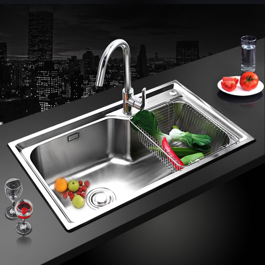 Stainless Steel 1 Holes Sink Contemporary Kitchen Sink with Basket Strainer Clearhalo 'Home Improvement' 'home_improvement' 'home_improvement_kitchen_sinks' 'Kitchen Remodel & Kitchen Fixtures' 'Kitchen Sinks & Faucet Components' 'Kitchen Sinks' 'kitchen_sinks' 1200x1200_0a7e03cc-2326-47fb-9e42-492691f95ac4
