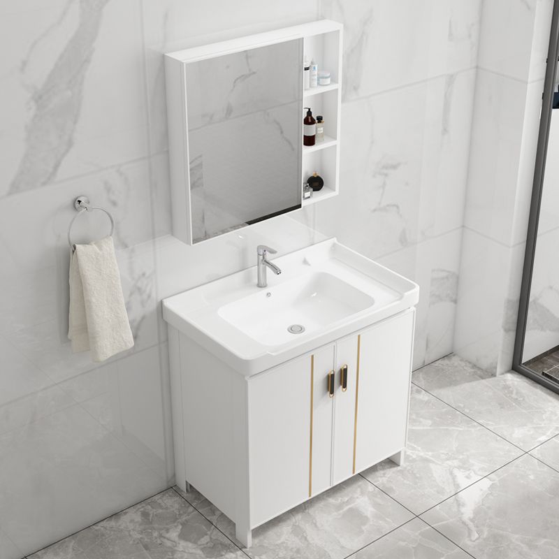 Glam Vanity Rectangle Mirror Metal Frame White Bathroom Vanity with Single Sink Clearhalo 'Bathroom Remodel & Bathroom Fixtures' 'Bathroom Vanities' 'bathroom_vanities' 'Home Improvement' 'home_improvement' 'home_improvement_bathroom_vanities' 1200x1200_0b405f92-e0c5-4c24-8442-930bc7a0adde