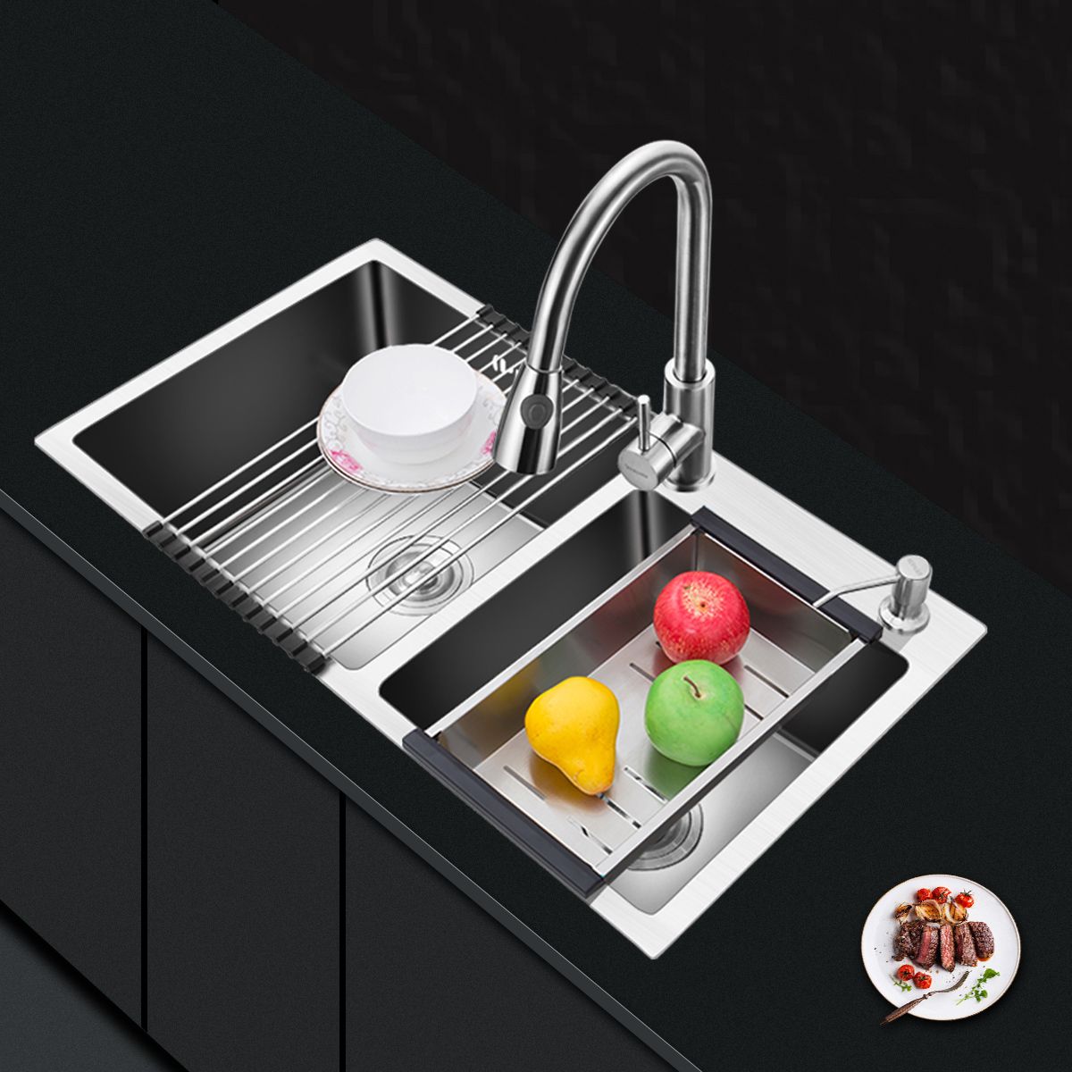 Modern Style Kitchen Sink Drop-In Kitchen Double Sink with Soundproofing Clearhalo 'Home Improvement' 'home_improvement' 'home_improvement_kitchen_sinks' 'Kitchen Remodel & Kitchen Fixtures' 'Kitchen Sinks & Faucet Components' 'Kitchen Sinks' 'kitchen_sinks' 1200x1200_0c2841a9-63a3-48f0-8f81-809910d8ceb1