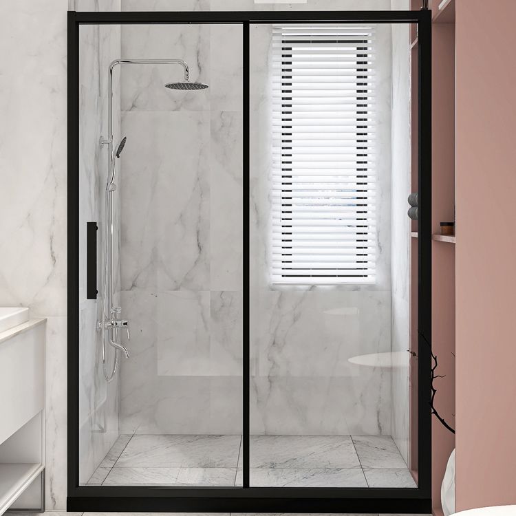 Modern Black Frame Shower Bath Door Transparent Single Sliding Shower Door Clearhalo 'Bathroom Remodel & Bathroom Fixtures' 'Home Improvement' 'home_improvement' 'home_improvement_shower_tub_doors' 'Shower and Tub Doors' 'shower_tub_doors' 'Showers & Bathtubs' 1200x1200_0d13ec50-b450-4d4a-813b-b9425b98097c