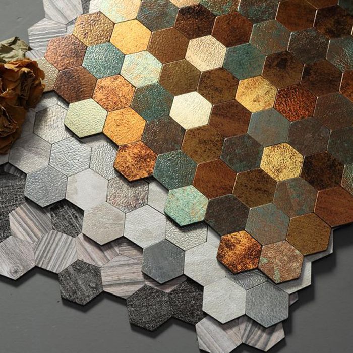 Hexagonal Mosaic Tile Metal Peel and Stick Tiles for Kitchen and Bathroom, 11.8"x 11.8" Clearhalo 'Flooring 'Home Improvement' 'home_improvement' 'home_improvement_peel_stick_blacksplash' 'Peel & Stick Backsplash Tile' 'peel_stick_blacksplash' 'Walls & Ceilings' Walls and Ceiling' 1200x1200_0e266be1-10a6-48dc-b04e-66cc93066724