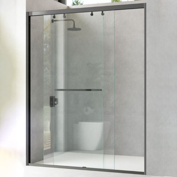 One-shaped Semi-frameless Double Sliding Shower Door, Bathroom Tempered Glass Door Clearhalo 'Bathroom Remodel & Bathroom Fixtures' 'Home Improvement' 'home_improvement' 'home_improvement_shower_tub_doors' 'Shower and Tub Doors' 'shower_tub_doors' 'Showers & Bathtubs' 1200x1200_104b5485-e18c-4a2a-b936-00488b6911fb
