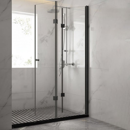 Black Folding Tempered Glass Shower Enclosure Transparent Shower Kit Clearhalo 'Bathroom Remodel & Bathroom Fixtures' 'Home Improvement' 'home_improvement' 'home_improvement_shower_stalls_enclosures' 'Shower Stalls & Enclosures' 'shower_stalls_enclosures' 'Showers & Bathtubs' 1200x1200_10f8d9c6-b786-42eb-9067-134b1122b727