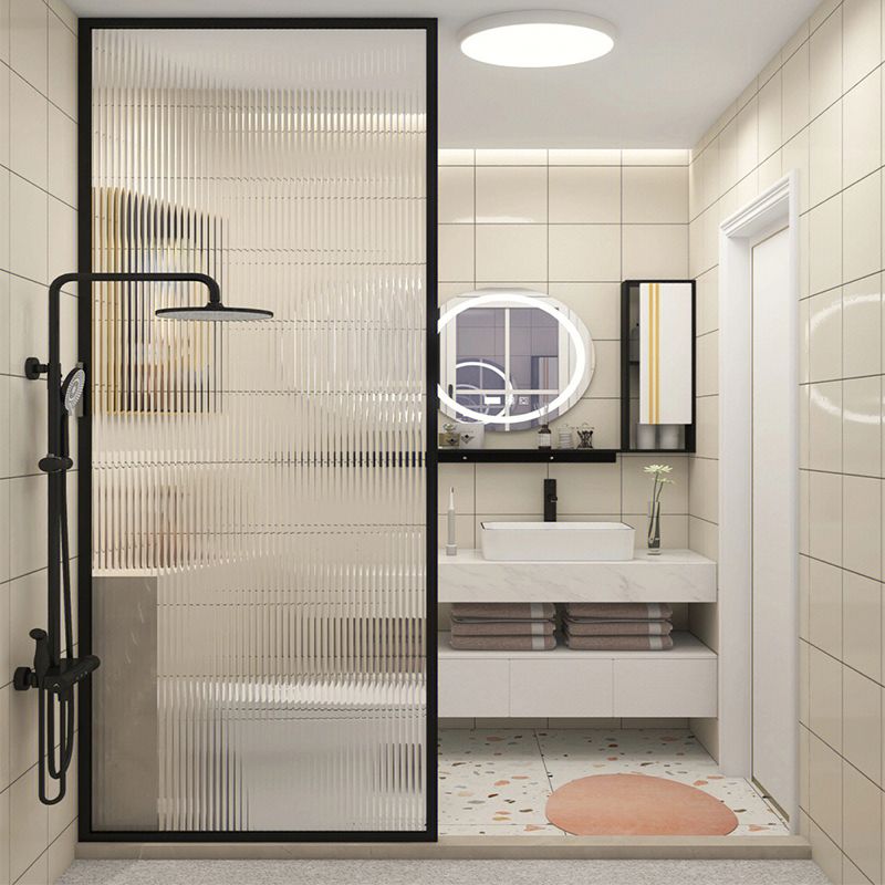 Black Fixed Shower Screen Full Frame Half Partition Shower Door Clearhalo 'Bathroom Remodel & Bathroom Fixtures' 'Home Improvement' 'home_improvement' 'home_improvement_shower_tub_doors' 'Shower and Tub Doors' 'shower_tub_doors' 'Showers & Bathtubs' 1200x1200_13d6ccc7-e146-40d2-b155-98805aaf41d4