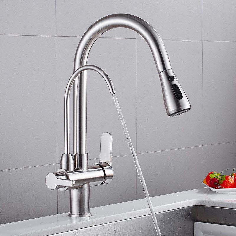 1 Hole Kitchen Faucets Metal Pulldown Sprayer Kitchen Faucet with Double Handles Clearhalo 'Home Improvement' 'home_improvement' 'home_improvement_kitchen_faucets' 'Kitchen Faucets' 'Kitchen Remodel & Kitchen Fixtures' 'Kitchen Sinks & Faucet Components' 'kitchen_faucets' 1200x1200_1453407e-bf82-4362-8d9b-10b70d90f9c7