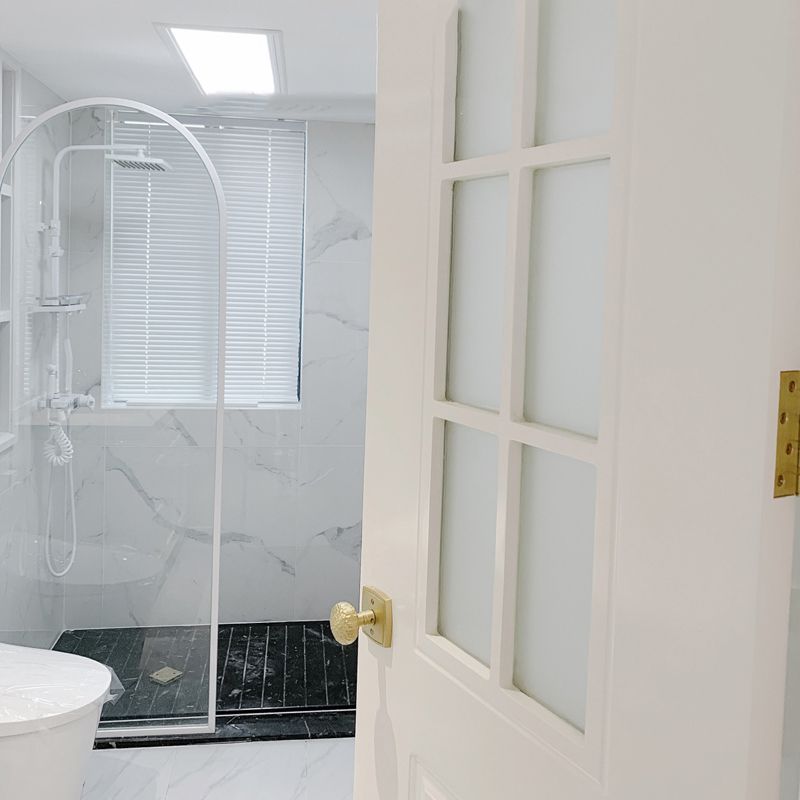 White Full Frame Single Fixed Panel, Half Partition Arched Waterproof Bathroom Screen Clearhalo 'Bathroom Remodel & Bathroom Fixtures' 'Home Improvement' 'home_improvement' 'home_improvement_shower_tub_doors' 'Shower and Tub Doors' 'shower_tub_doors' 'Showers & Bathtubs' 1200x1200_1458ac1a-50e8-4f09-a5ad-8cbbaf081936