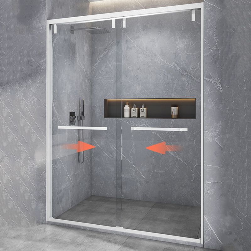 White Double Sliding Shower Door with Semi Frameless 304 Stainless Steel Frame Clearhalo 'Bathroom Remodel & Bathroom Fixtures' 'Home Improvement' 'home_improvement' 'home_improvement_shower_tub_doors' 'Shower and Tub Doors' 'shower_tub_doors' 'Showers & Bathtubs' 1200x1200_14638ee6-9af4-431f-8a99-b1ab1769c8c5