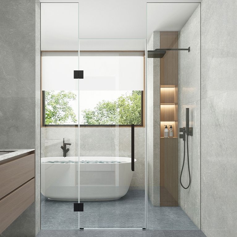 Frameless to Ceiling Bathroom Screen, Swing Tempered Glass Shower Door Clearhalo 'Bathroom Remodel & Bathroom Fixtures' 'Home Improvement' 'home_improvement' 'home_improvement_shower_tub_doors' 'Shower and Tub Doors' 'shower_tub_doors' 'Showers & Bathtubs' 1200x1200_15dc42b9-08d7-451c-a856-b6f0bbaf61a6