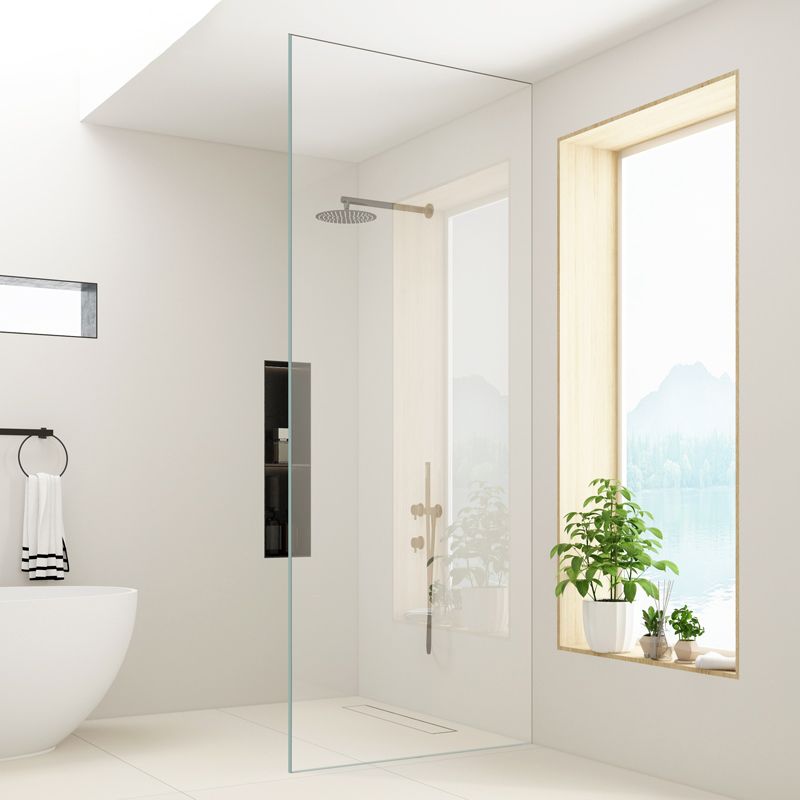 Contemporary Single Fixed Tempered Shower Screen Frameless Transparent Fixed Glass Panel Clearhalo 'Bathroom Remodel & Bathroom Fixtures' 'Home Improvement' 'home_improvement' 'home_improvement_shower_tub_doors' 'Shower and Tub Doors' 'shower_tub_doors' 'Showers & Bathtubs' 1200x1200_16435618-b41f-4051-9ff6-263d429ca51b