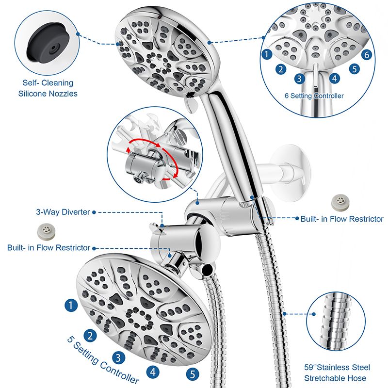 Contemporary Shower Combo Dual Shower Head Chrome Ceiling Mounted Round Shower Head Clearhalo 'Bathroom Remodel & Bathroom Fixtures' 'Home Improvement' 'home_improvement' 'home_improvement_shower_heads' 'Shower Heads' 'shower_heads' 'Showers & Bathtubs Plumbing' 'Showers & Bathtubs' 1200x1200_168c0c4c-f9b4-4c3e-9e93-4eed22a215ba