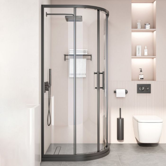Black Full Frame Curved Tempered Glass Double Slide Shower Door Clearhalo 'Bathroom Remodel & Bathroom Fixtures' 'Home Improvement' 'home_improvement' 'home_improvement_shower_tub_doors' 'Shower and Tub Doors' 'shower_tub_doors' 'Showers & Bathtubs' 1200x1200_174d343a-7307-4284-9b21-7ec23c579ca7