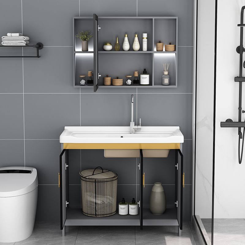 Bath Vanity Single Sink Metal Frame Grey Rectangular 2 Doors Freestanding Vanity Clearhalo 'Bathroom Remodel & Bathroom Fixtures' 'Bathroom Vanities' 'bathroom_vanities' 'Home Improvement' 'home_improvement' 'home_improvement_bathroom_vanities' 1200x1200_19cd263b-f10c-4297-89c1-7b71b384040f